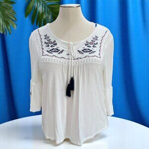 Blue Mood White Embroidered Boho Chic Peasant Top Tassel Blouse Plus Size 2X NWT